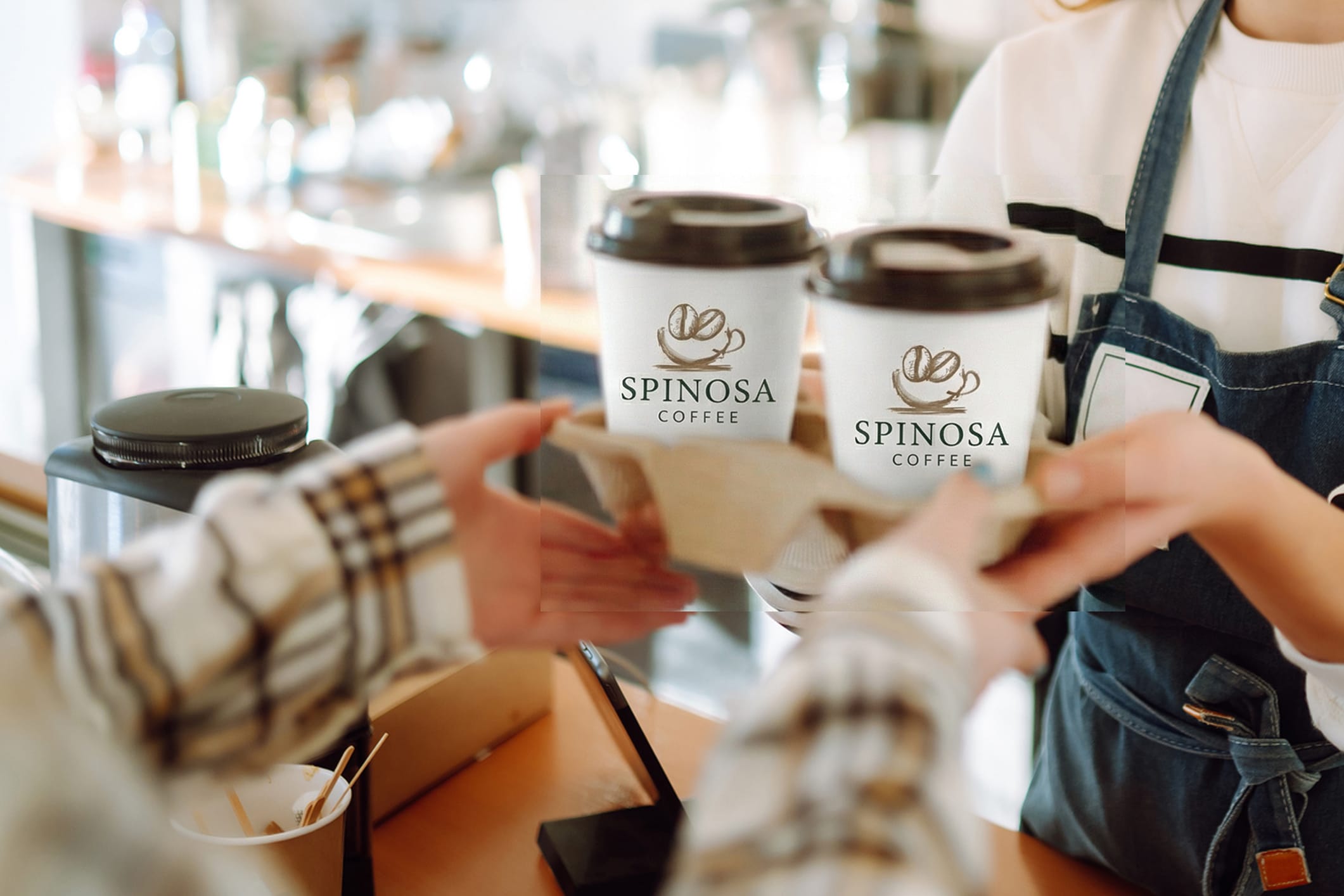 Female barista making coffee in coffee shop counter. Takeaway food.